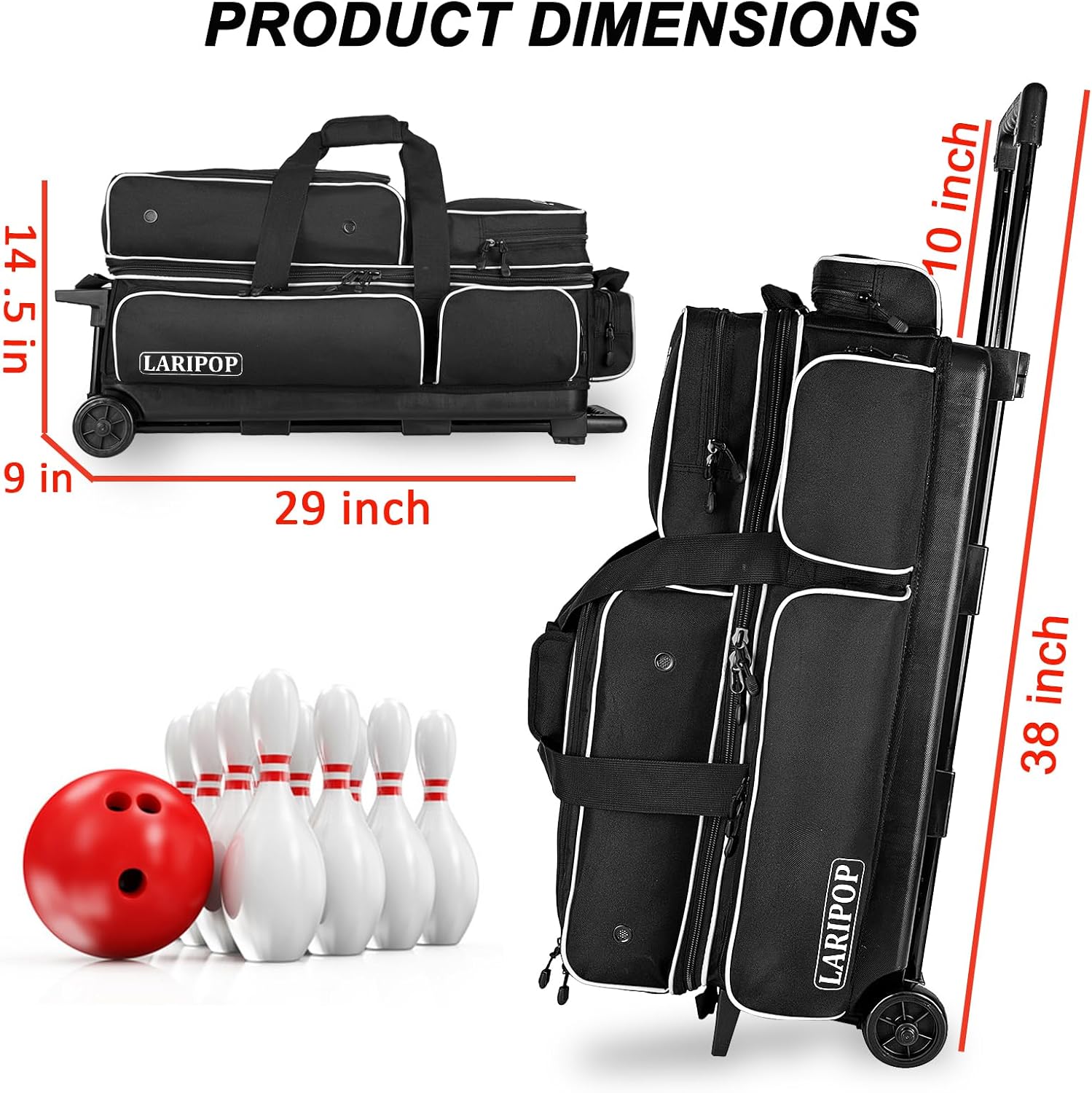 LARIPOP 3 Ball Bowling Bag with Wheels and Shoe Compartment, Rolling Bowling Bag for 3 Balls, Heavy Duty Bowling Roller Bag with Retractable Handle for Men Women