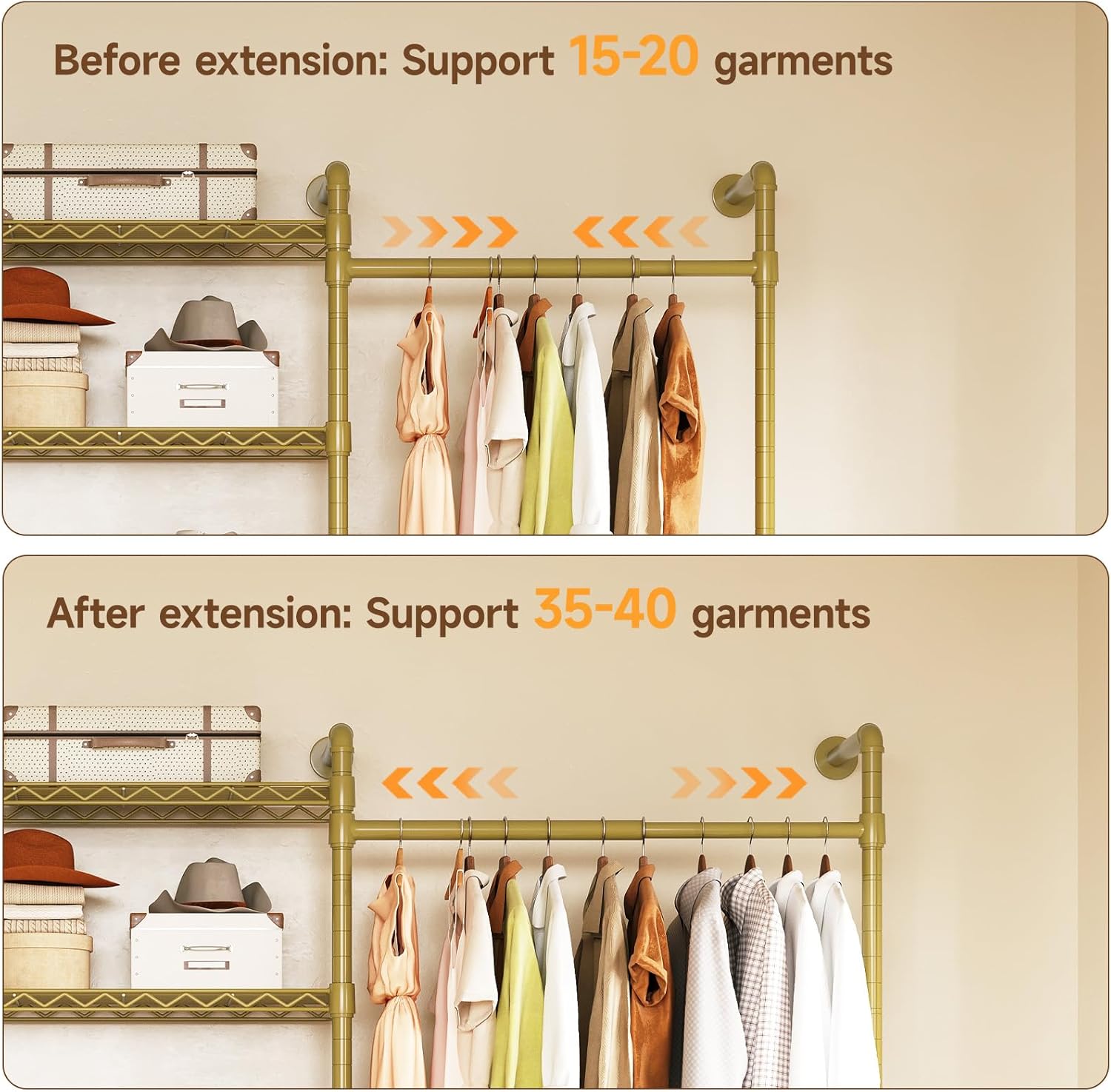H6 Wall Mounted Closet System, Industrial Pipe Clothes Rack Clothing Racks with 6 Telescopic Rods & 3 Fixing Rods & 9 Shelves, Heavy Duty Closet Organizers and Storage in Wardrobe Closet (Gold)