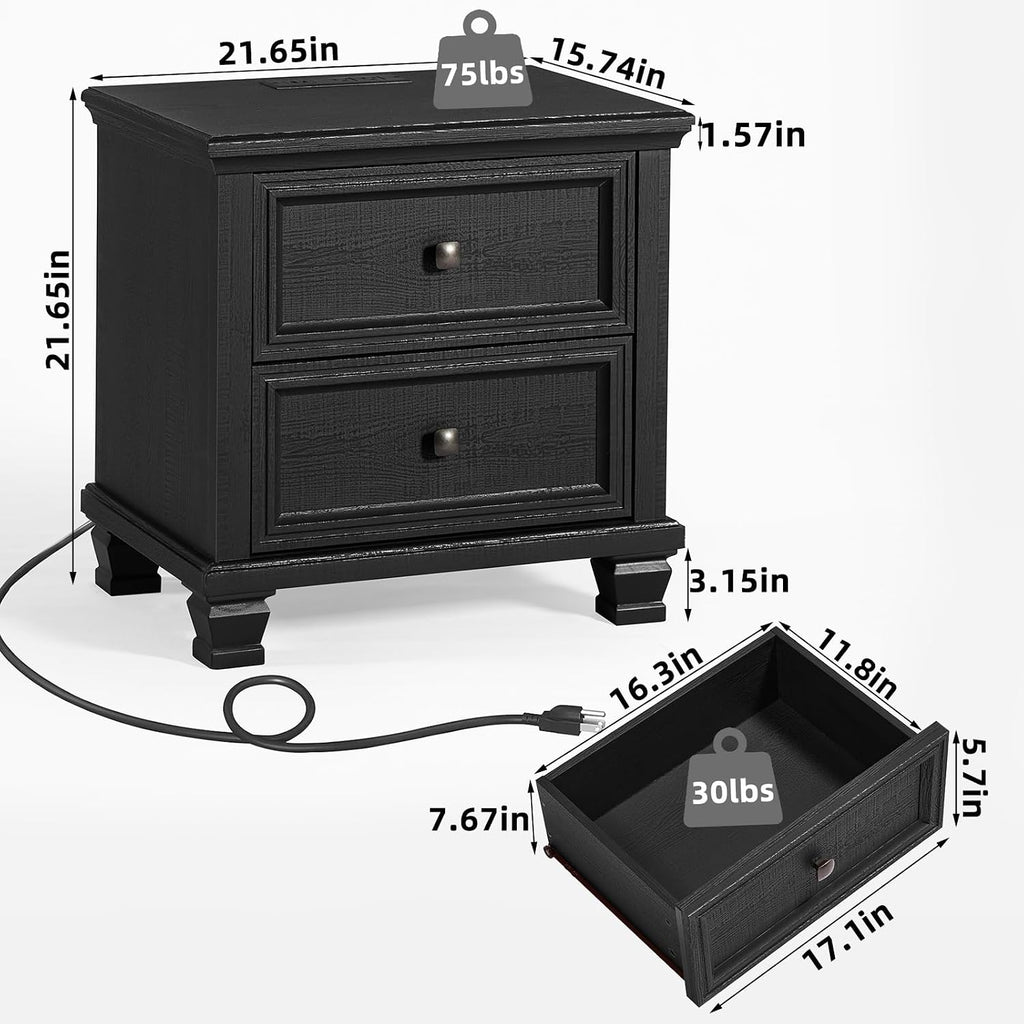 SAVOR LIFE Farmhouse Nightstand with Charging Station, Rustic Low Night Stand with 2 Drawers, Mid-Century Modern End Table with 4 Square Solid Wood Legs, Small Dresser for Bedroom, Home, Black
