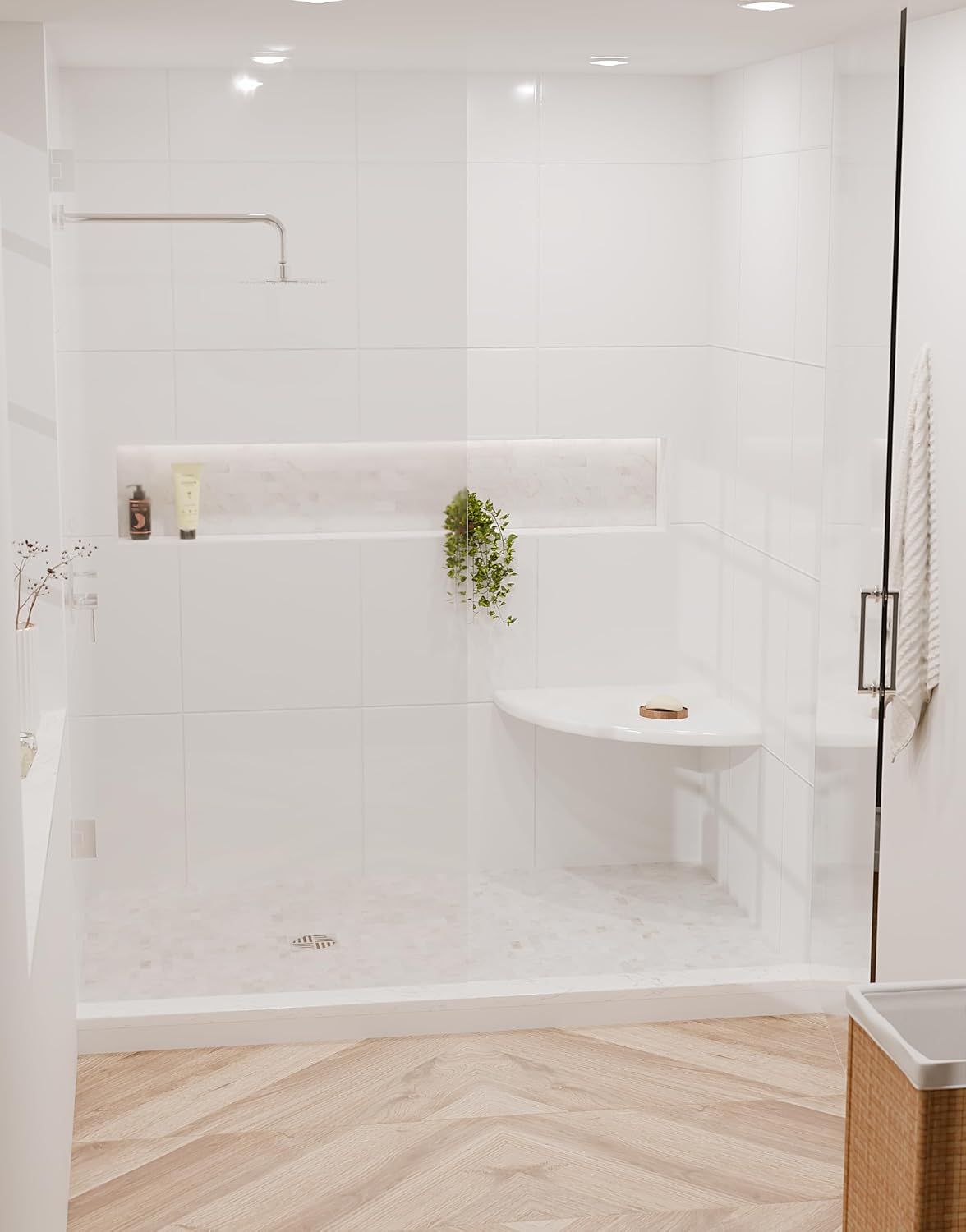 18' Super White Engineered Marble Corner Shower Seat – Floating or Solid Mount Bathroom Bench, Wall Mounted Shelf & Caddy for Showers, Classic Flatback Design