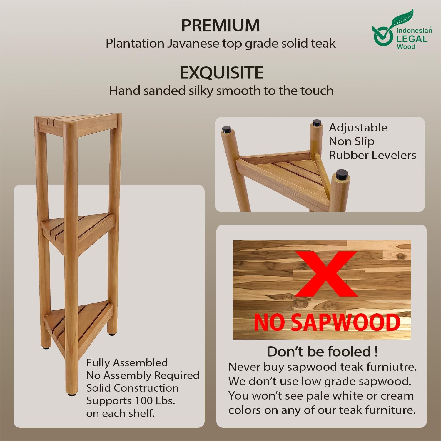 Asta Select Solid Teak Free Standing Corner Shelf, 3-Tier Bathroom Corner Stand, Corner Rack for Bathroom, Kitchen, Living Room, Bedroom, Fully Assembled, ST-80