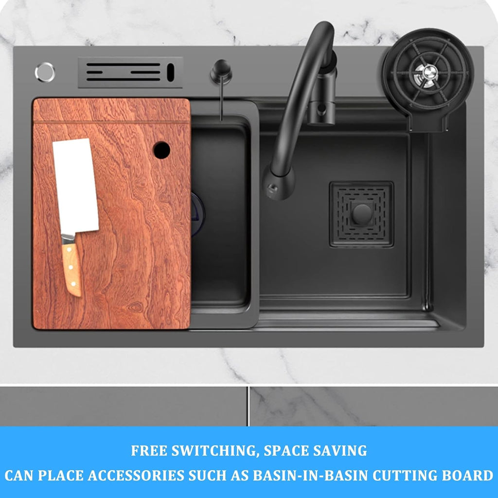 304 Stainless Steel Single Bowl Kitchen Sink Square Nano Bar Sink Rv Sink with Pull-Out Faucet and Drainage Components Top Mount Or Undermount (Color : Black-C, Size : 75x46x20cm) (Blackb 75x46x2