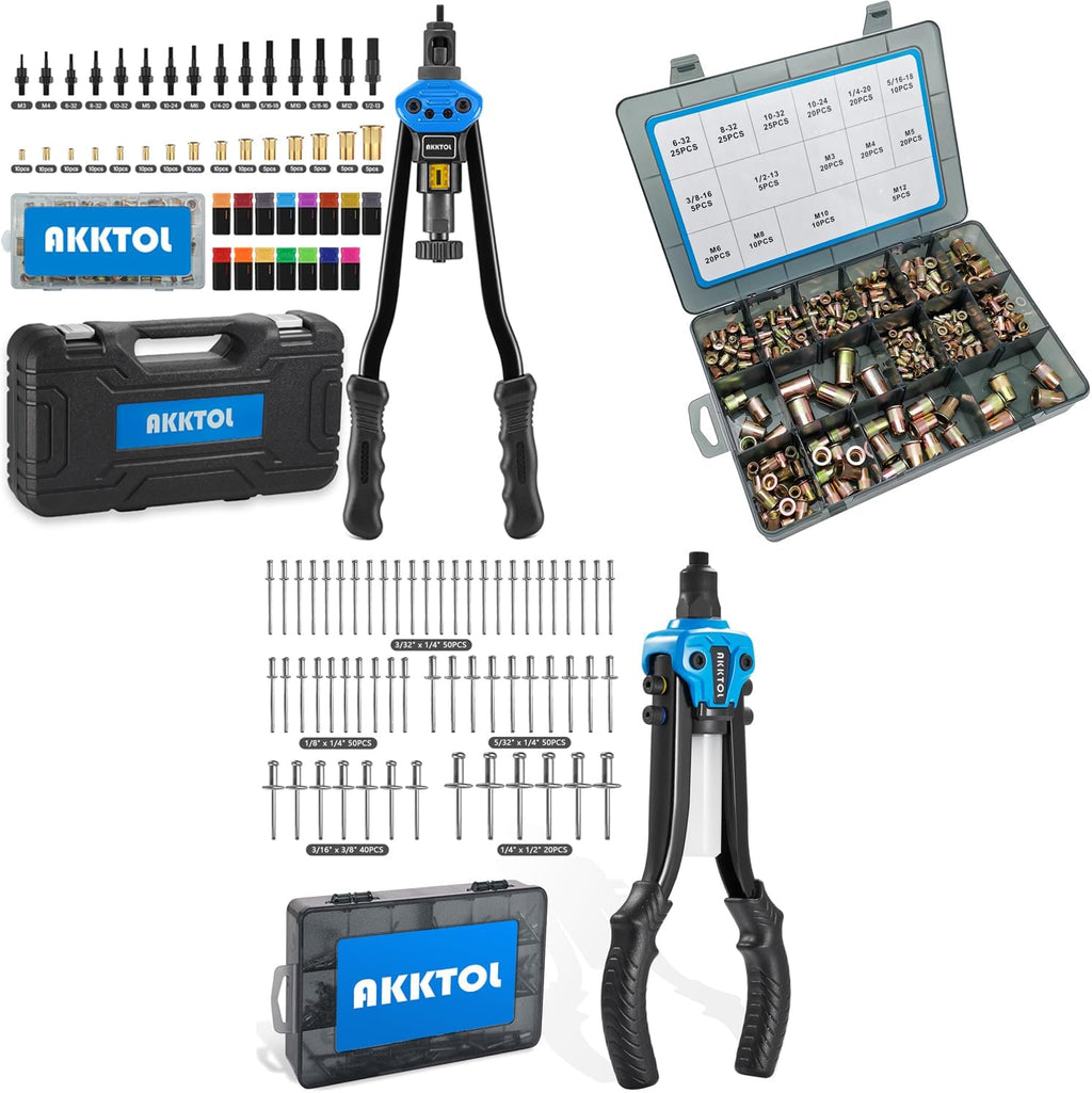 AKKTOL Pop Rivet Gun Kit BT811 + Rivet Nut Tool Kit BT607 + Rivet Nuts Assortment Kit