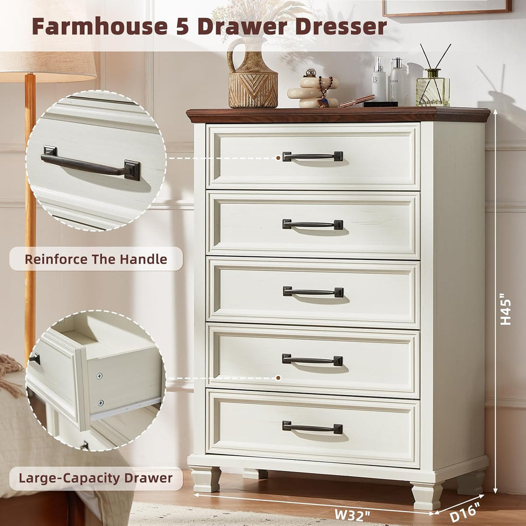 SAVOR LIFE Farmhouse Side Table with Charging Station, Antique Nightstands with Drawers, Bedside Table with Open Shelf for Bedroom, White