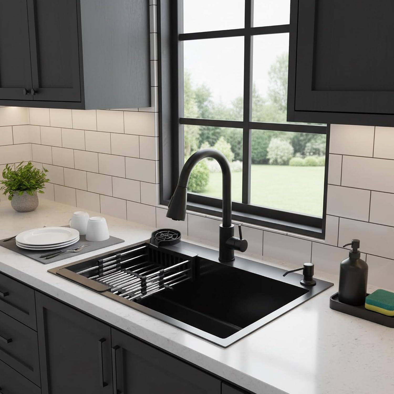 Black Kitchen Sink with Faucet, Top Mount/Drop-In 3 Hole Single Bowl Stainless Steel Sink with Cup Washer, Soap Dispenser, Drainage kit for Bar, Kitchen, Balcony (19.7 * 17.7in)