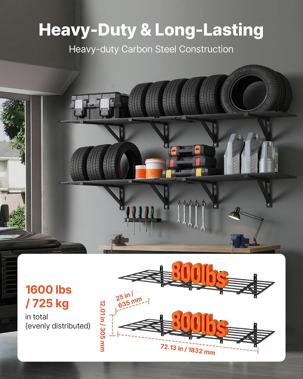 VEVOR 2-Pack Heavy Duty Garage Wall Shelving, 2 x 6 ft Steel Wall Mounted Shelving Unit, 24 x 72 Inch Per Shelf Floating Storage Metal Rack for Garage, 1600 lbs Total Weight Capacity