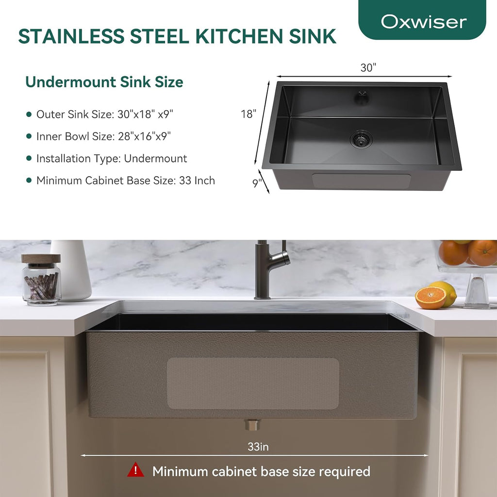 Kitchen Sink 30x18 Inch Undermount Kitchen Sink 16 Gauge Stainless Steel Single Bowl Gun Metal Black Finish with Accessories