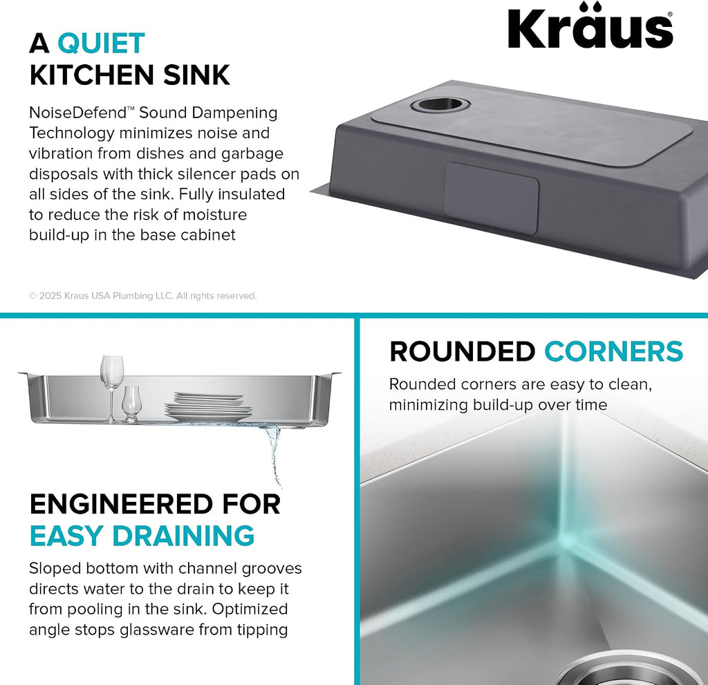 KRAUS Fairlane 33-inch ADA Compliant Undermount Single Bowl 18-Gauge Stainless Steel Kitchen Sink, KHU640-33-5.5