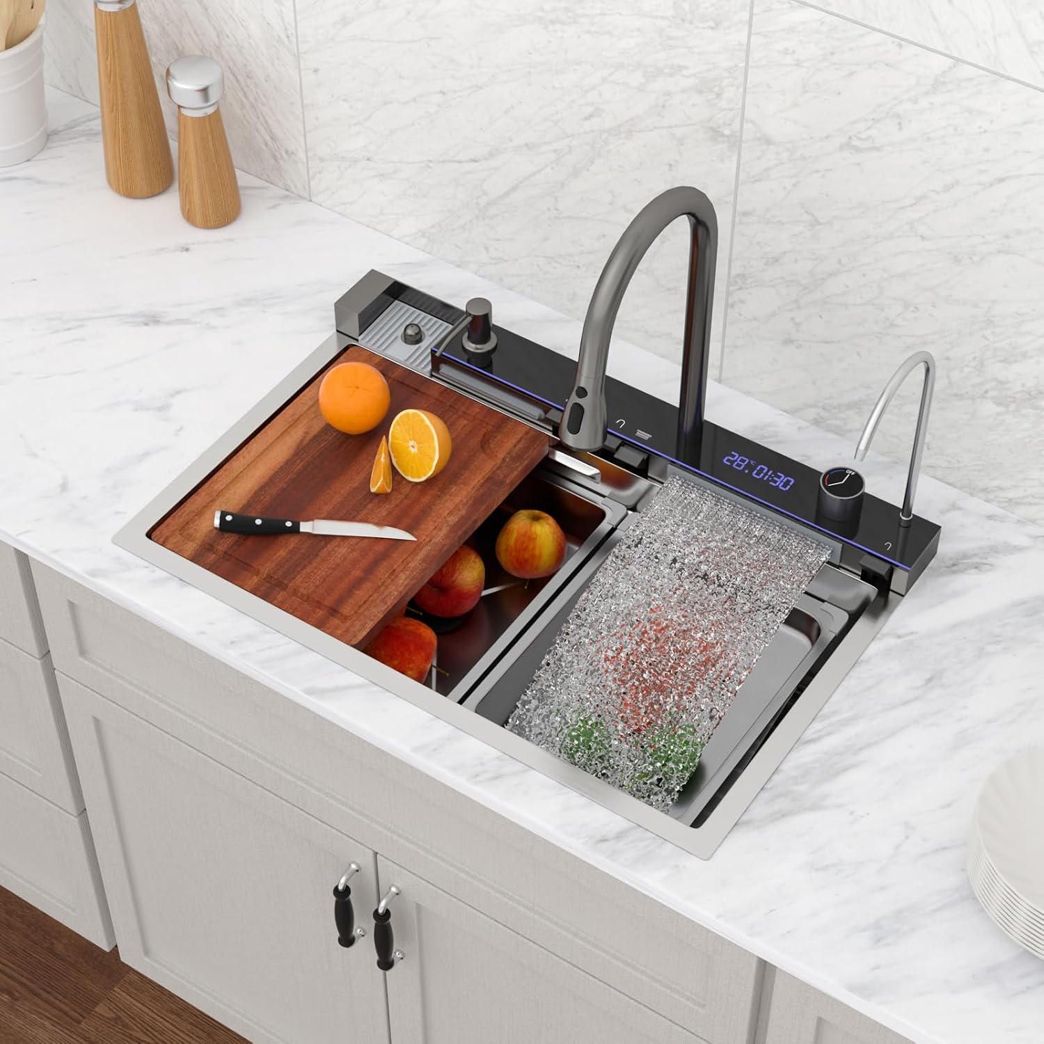 Logmey 30' Smart Dual Waterfall Sink with Digital Display,Water Purifier,Nano PVD Drop in Kitchen Sink with Faucet,16 Gauge Stainless Steel Sinks with Temperature Control Knob,5 Buttons,30x19x9