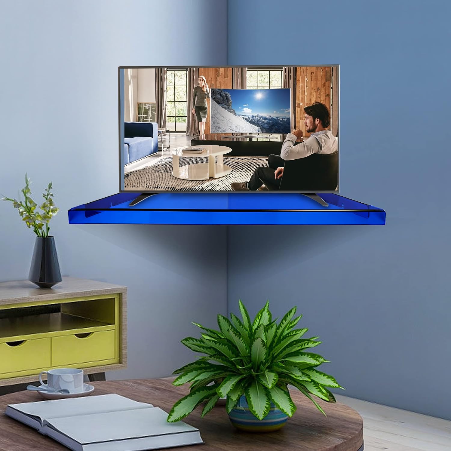 evron Modern Corner TV Shelf for 50 inch, Acrylic Wall Mounted Triangle Stand with Stylish Color Design, Space-Saving Home Decor for Living Room, Bedroom, Office (Blue 1 Pack)
