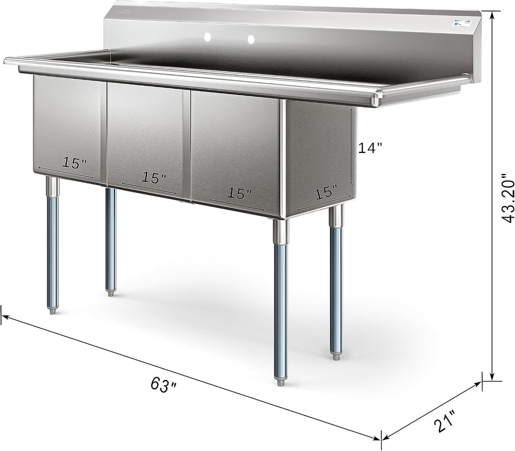 KoolMore 63 in. Three Compartment 16-Gauge Stainless-Steel NSF Commercial Kitchen Sink, Bowl Size 15x15x14, with Three Basins for Restaurants and Cafes with Right Drainboard (KM-SC151514-15R316)