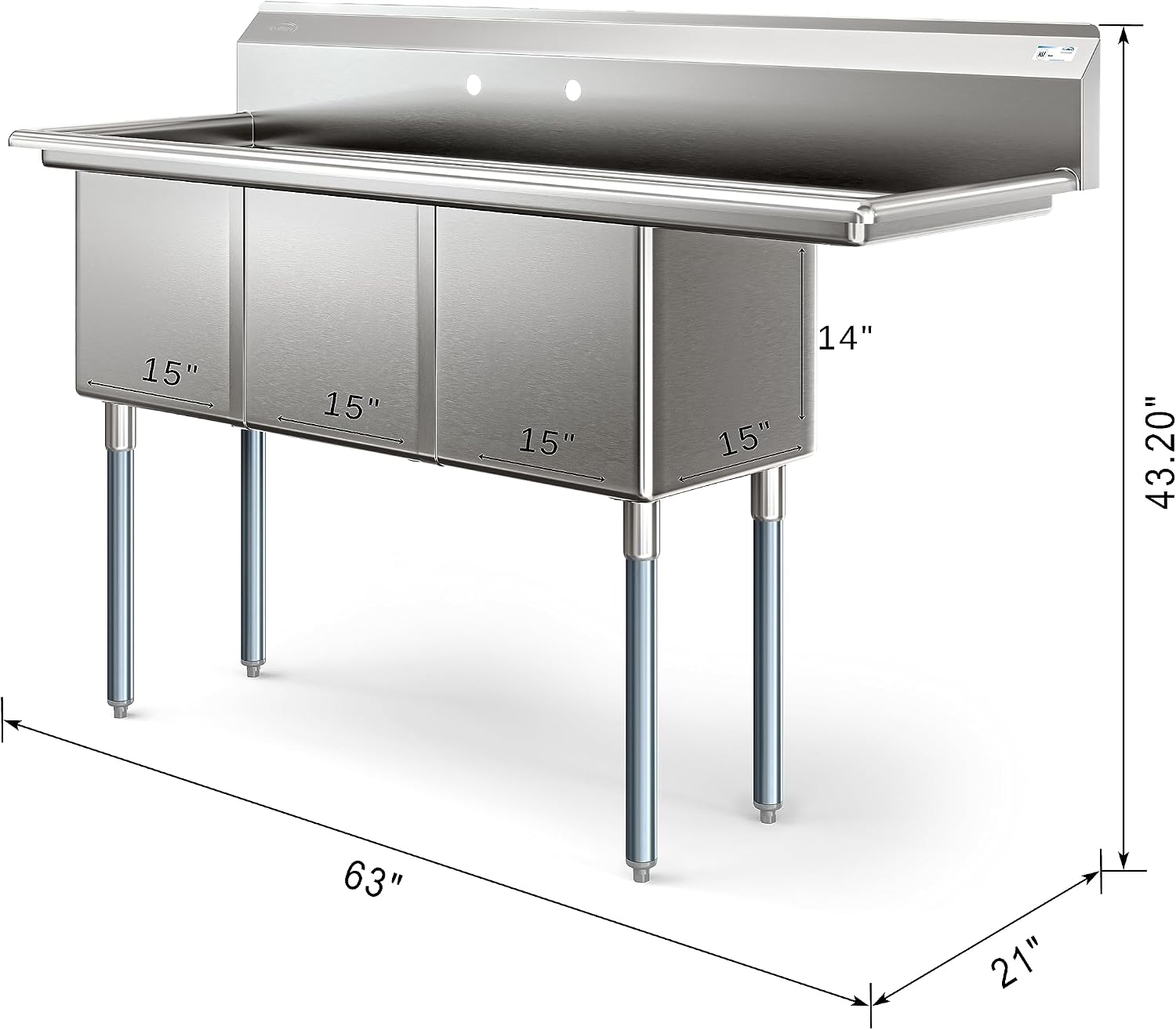 KoolMore 63 in. Three Compartment 16-Gauge Stainless-Steel NSF Commercial Kitchen Sink, Bowl Size 15x15x14, with Three Basins for Restaurants and Cafes with Right Drainboard (KM-SC151514-15R316)
