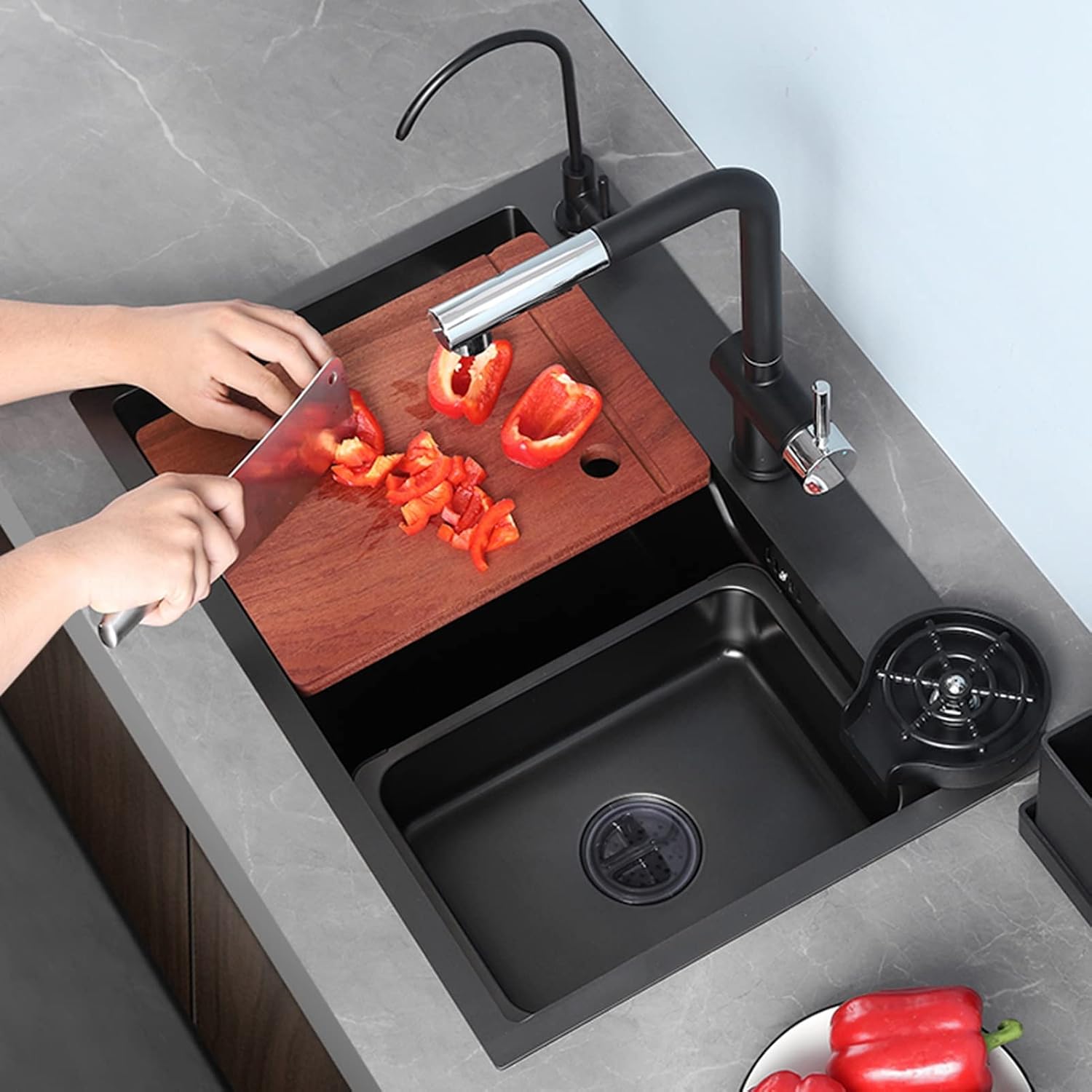 Single Bowl Kitchen Sink 304 Stainless Steel Bar Sink RV Sink with Faucet and Cup Washer Top Mount Or Undermount (Color : Black, Size : 72x46x23cm) (Black 68x46x23cm)