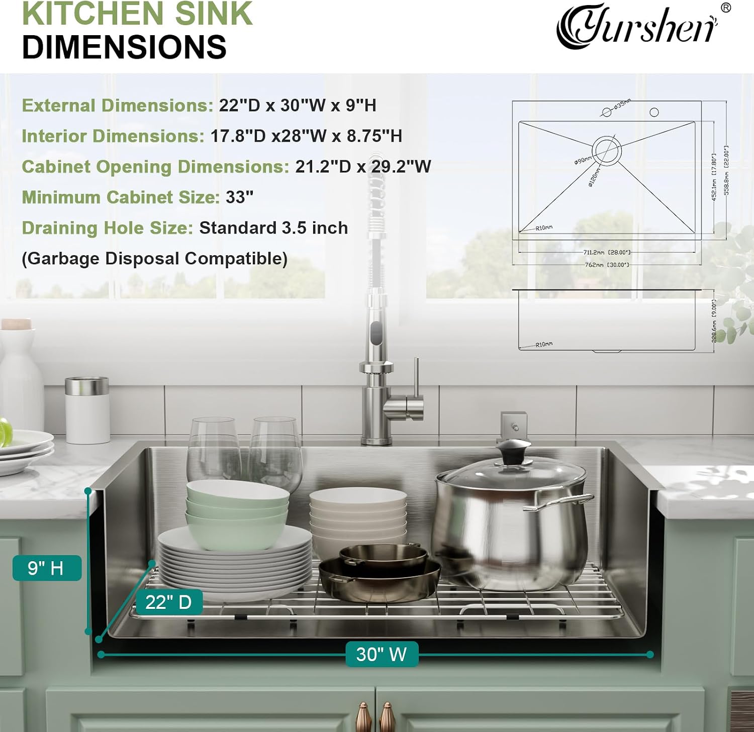 30 Inch Drop In Kitchen Sink, 30'x22'x9' Topmount Stainless Steel Kitchen Sinks With 16 Gauge 304 Single Bowl Sink R10 Round Corner Basin