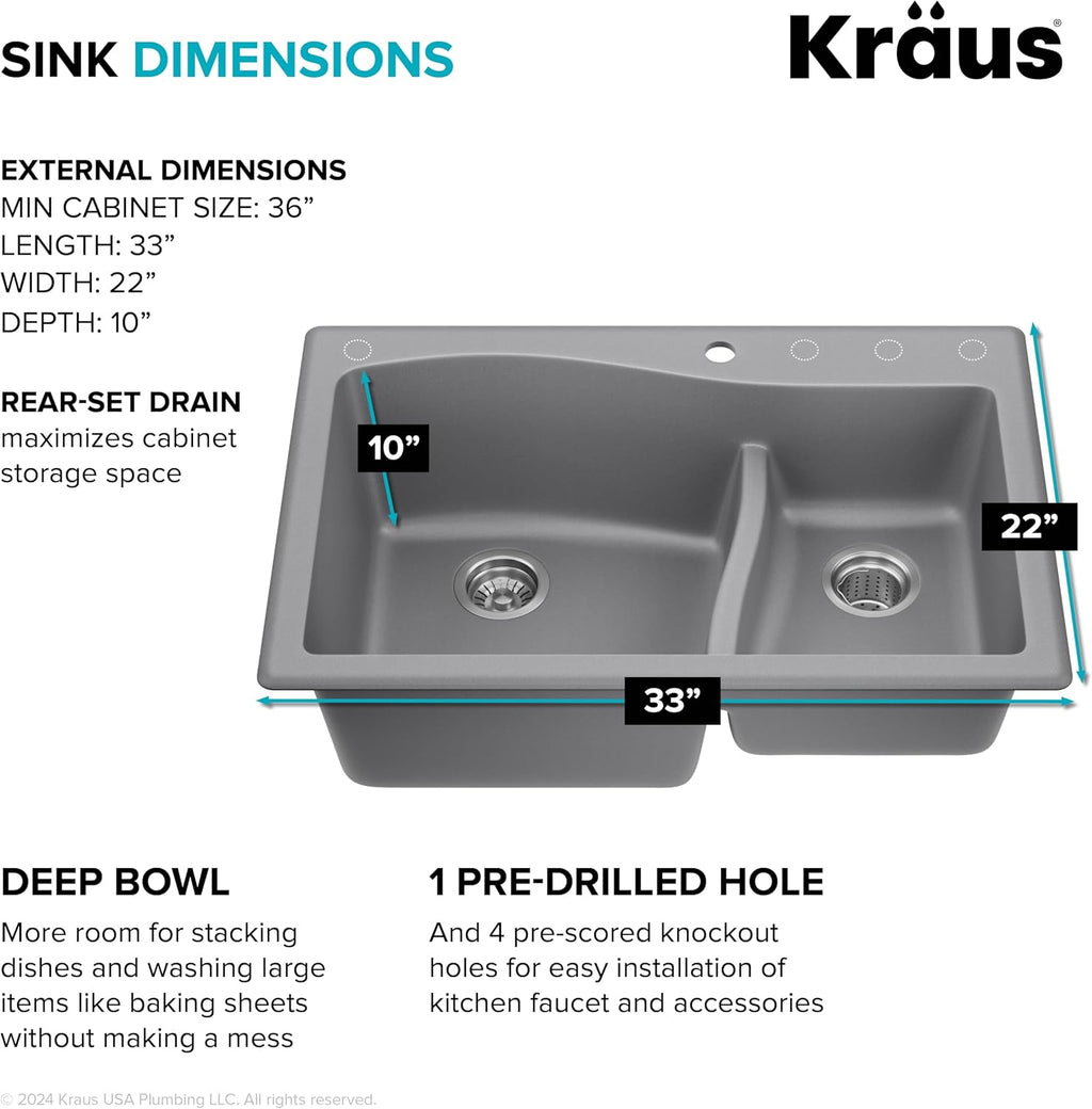 KRAUS Quarza 33-inch Drop-In/Undermount 60/40 Double Bowl Granite Kitchen Sink in Grey, KGD-442GREY