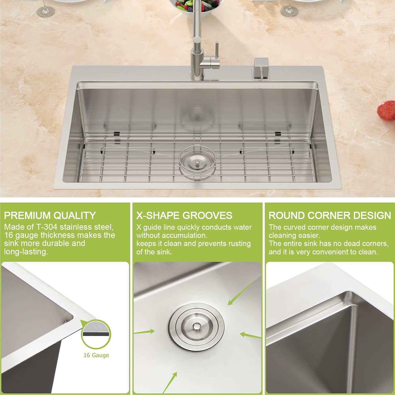 Drop In Kitchen Sink 30 Inch Kitchen Sink Large 304 Stainless Steel Above Counter Workstation Drop Sink Topmount 30x22x10 Single Bowl Kitchen Sinks