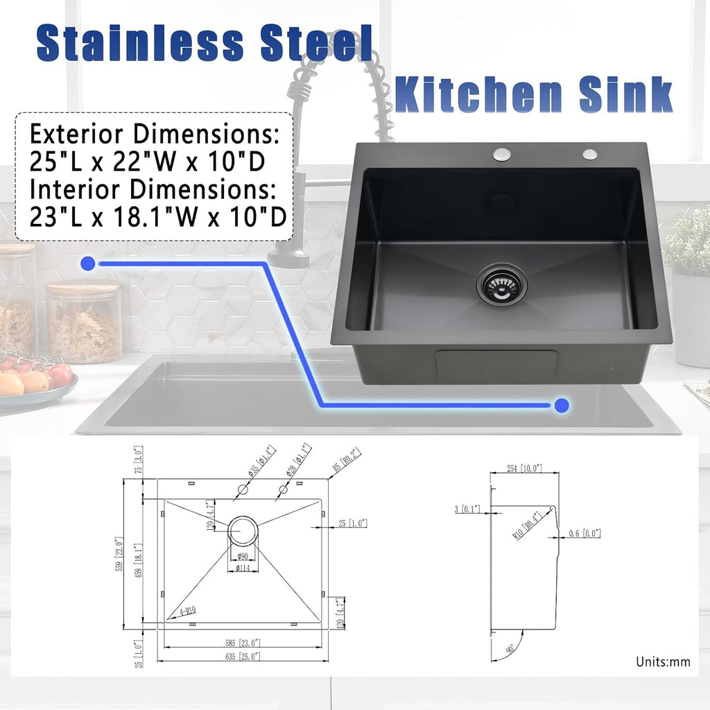 25 Inch Black Drop In Kitchen Sink with Faucet Combo - 25x22 Black Stainless Steel Drop In Sink and Faucet Combo, Single Bowl Kitchen Sink Drop In with Soap Dispenser & Accessories