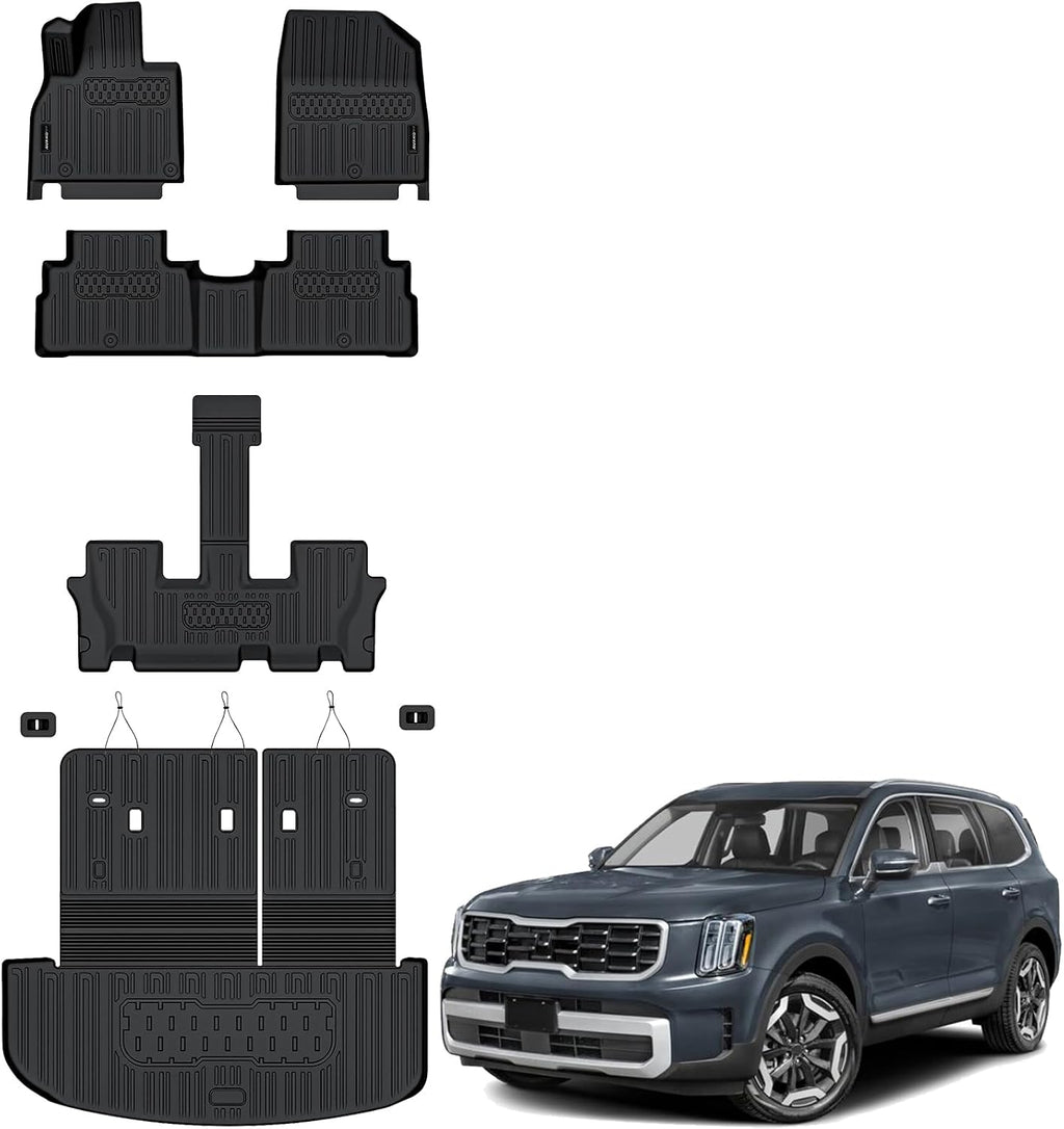 Auxko All Weather Floor Mats Cargo Mat with Backrest Mat for Kia Telluride 7&8 Seats 2020-2025 TPE Liners Accessories Guard Odorless Anti-Slip Floor Liners & Trunk Liner with Back Seat Protectors