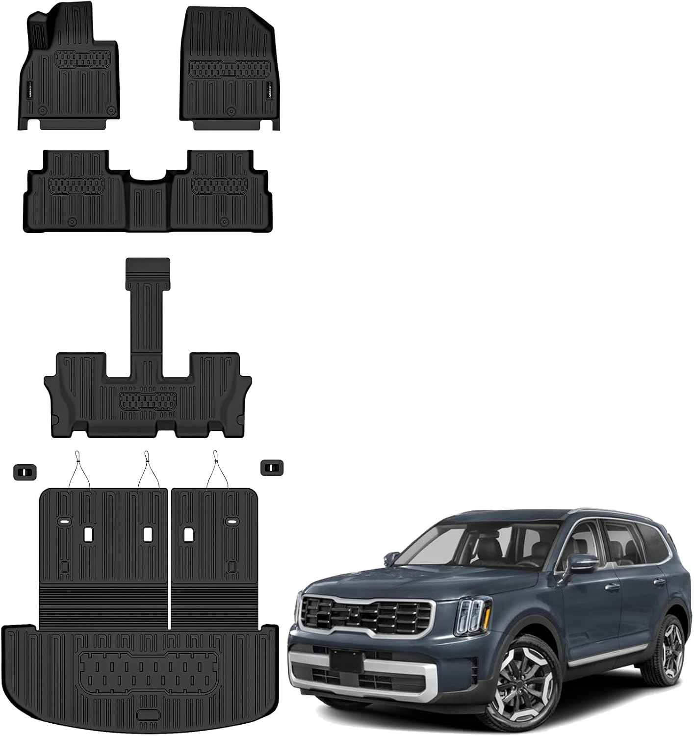 Auxko All Weather Floor Mats Cargo Mat with Backrest Mat for Kia Telluride 7&8 Seats 2020-2025 TPE Liners Accessories Guard Odorless Anti-Slip Floor Liners & Trunk Liner with Back Seat Protectors