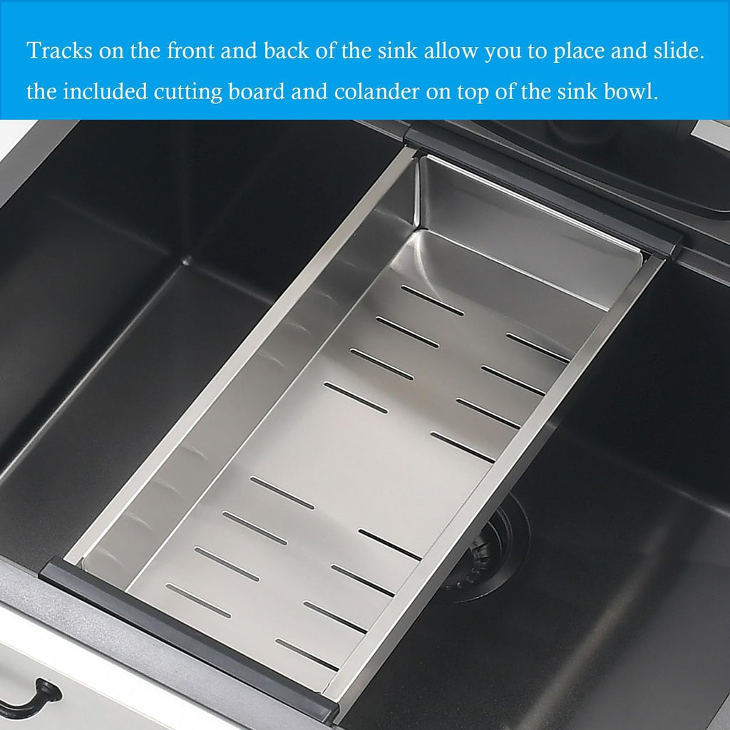 26 inch Black Drop in Kitchen Sink - VOKIM 26'x 19' Inch Drop in sink Workstation 16 Gauge Single Bowl top mount Sink With Cutting Board& colander