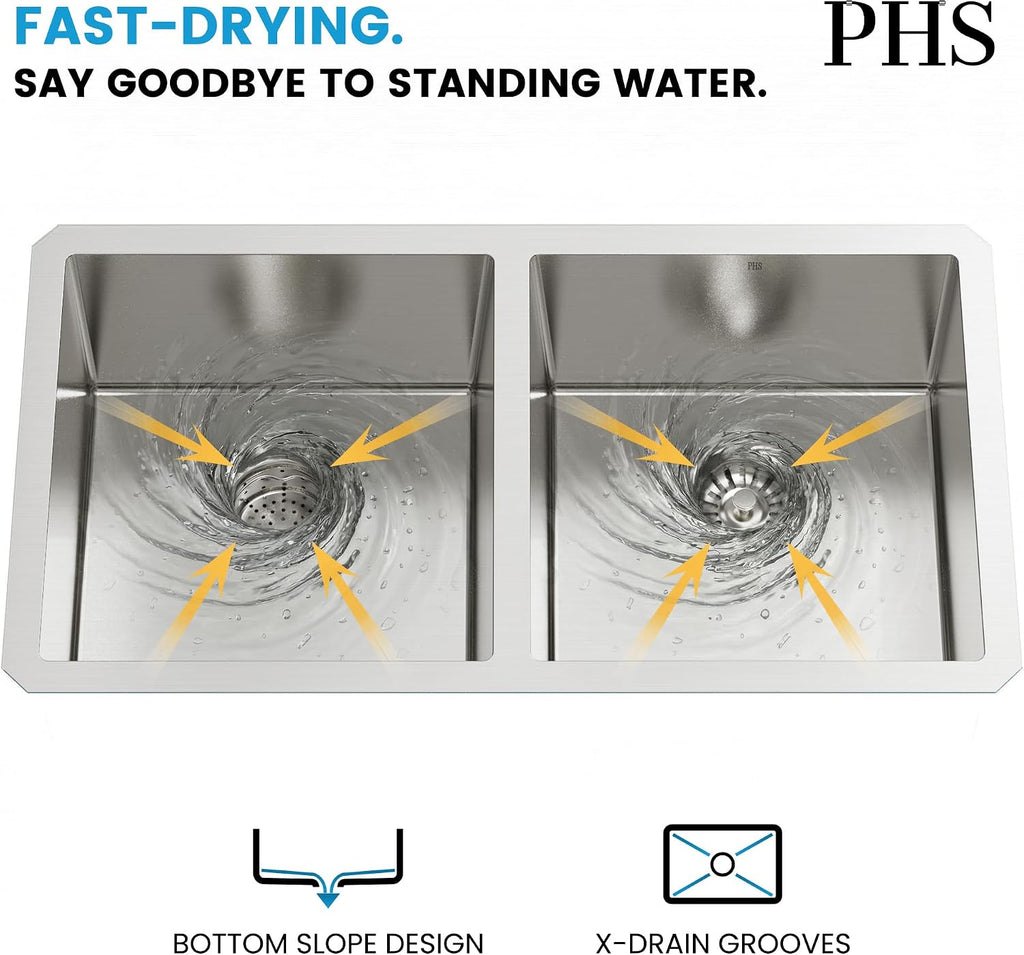 PHS 33-Inch Undermount -50/50 Double Bowl 16 Gauge Stainless Steel Kitchen Sink with Accessories, 9 Inch Deep Sinks with Brushed Finish