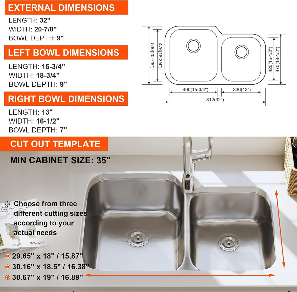 32 Inch Undermount Double Bowl 60/40 Kitchen Sink 18 Gauge Stainless Steel Curved Shape Brushed Nickel Sink 32' x 20' x 9' (Sink Only)