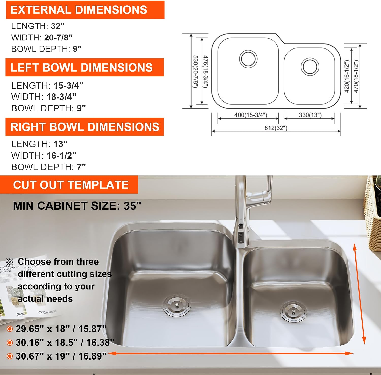 32 Inch Undermount Double Bowl 60/40 Kitchen Sink 18 Gauge Stainless Steel Curved Shape Brushed Nickel Sink 32' x 20' x 9' (Sink Only)