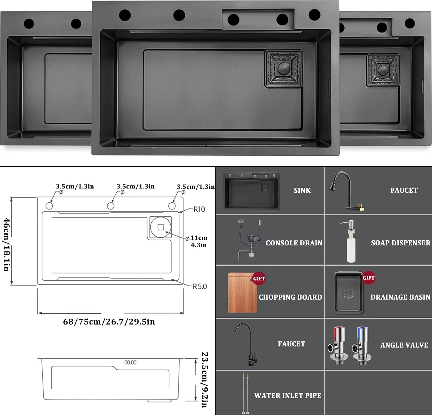 Black Single-Bowl Kitchen Sink 304 Stainless Steel Waterfall Bar Sink Multi-Function Rv Sink with Pull-Type Faucet and Installation Cponents Top Mount Or Under Mount (Color : Black, Siz
