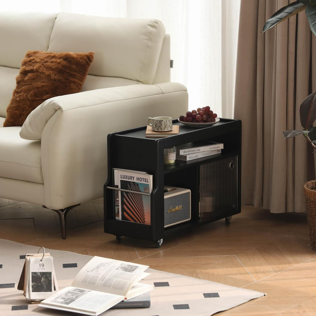 Solid Wood Side Table with Wheels, Narrow Side Table with Storage, Rolling Bedside Table for Bedroom Living Room Dining Room(Black, 27.95' D x 11.42' W x 19.88' H)