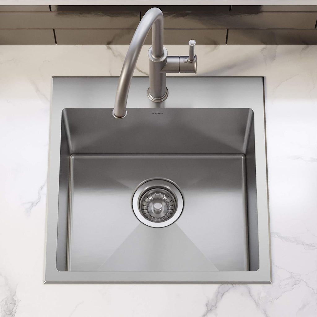 KRAUS 18 x 18 inch Standart PRO™ Drop-In Top Mount 16 Gauge Single Bowl 1-Hole Stainless Steel Kitchen Sink Set (5 Item Bundle: Sink, Bottom Grid, Drain Assembly, Drain Cap, Kitchen Towel), KHT301-18