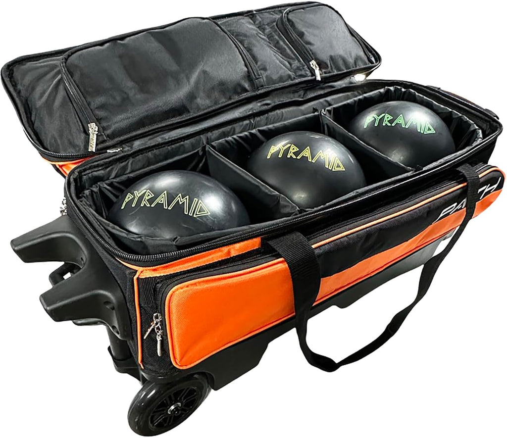 Pyramid Path Triple Premium Deluxe Roller Bowling Bag With Extra Large Separate Shoe Compartment (Up To US Mens Size 16) and 5 Accessory Pockets, 5' Wheels, Retractable Locking Handle - Extends to 42'