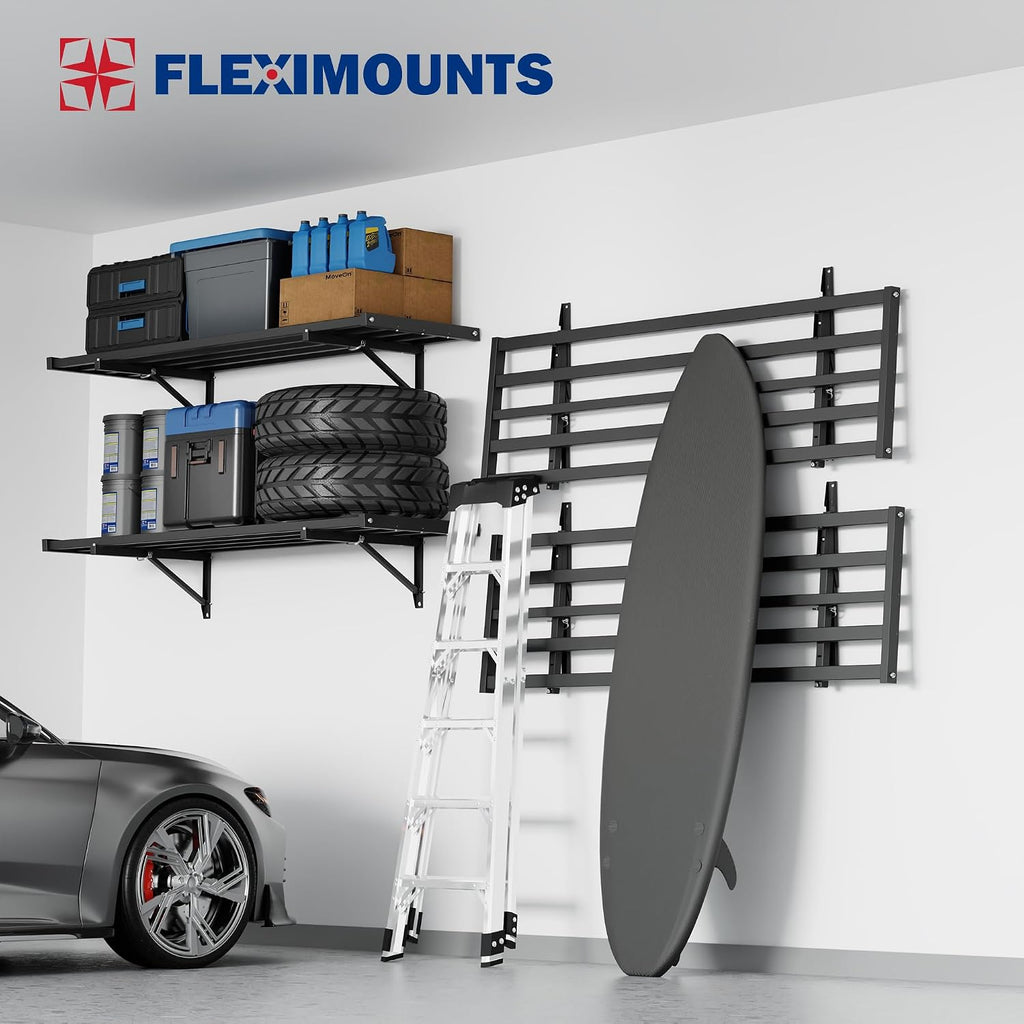 FLEXIMOUNTS Fold-Down 2x4ft Garage Wall Shelving, 4-Pack Heavy Duty Folding Garage Shelving Wall Mounted, 600 lbs Capacity, Storage for Power Tools, Garden Supplies & Seasonal Storage, Lite Series