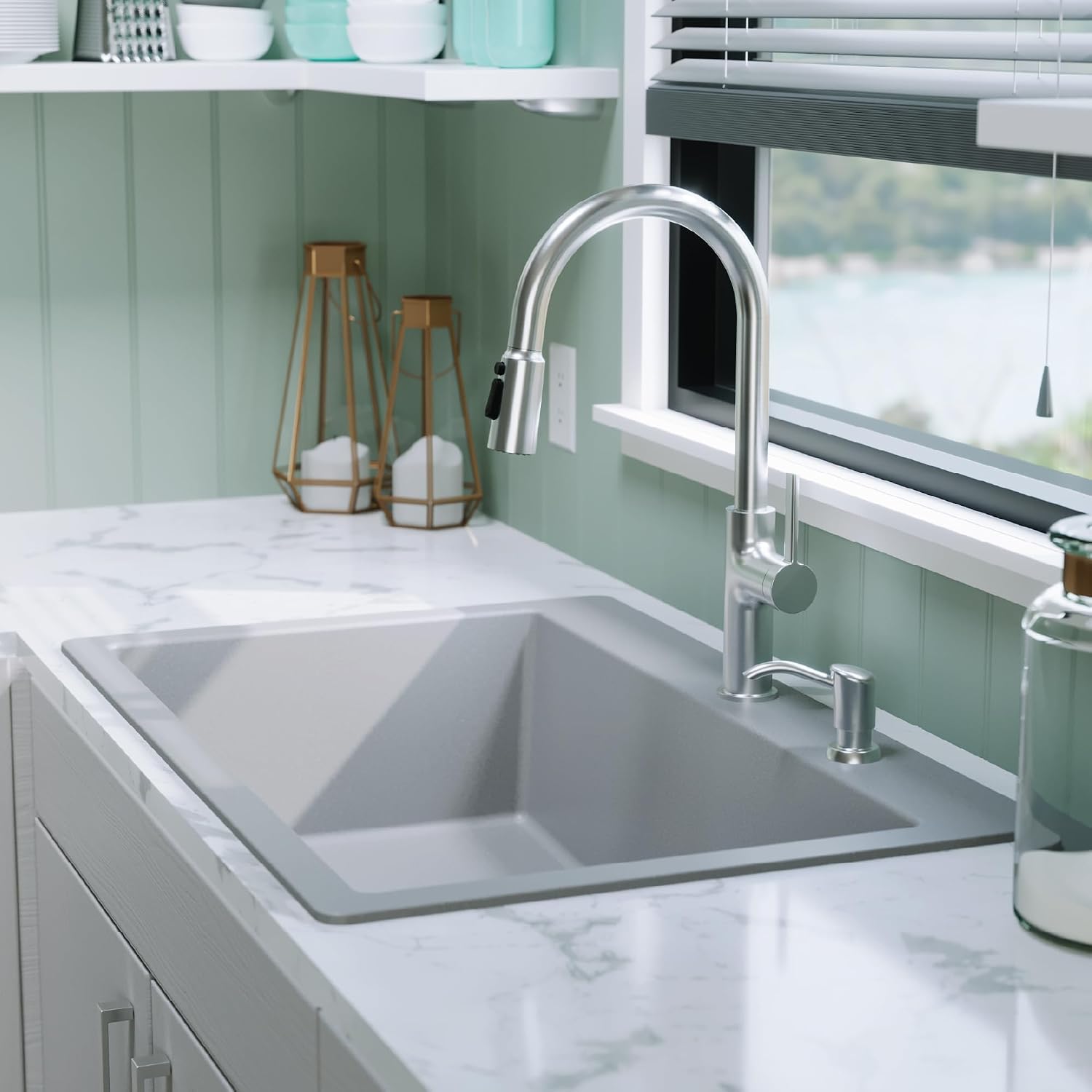 Karran 33' Drop-In Top Mount Quartz Composite Single Bowl Kitchen Sink in Grey – Extra Deep 9' Basin, Heat Resistant, Sound Dampening, Easy Clean Surface