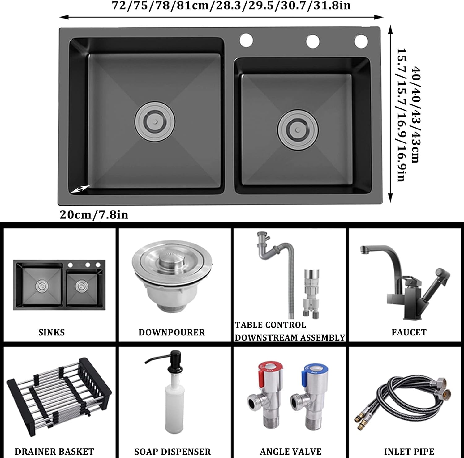 Double Bowl Kitchen Sink 304 Stainless Steel Bar Sink He Multifunctional RV Sink with Faucet and Counter Control Button Drop-in Or Under Mount (Color : Black-c, Size : 72x40x20cm)