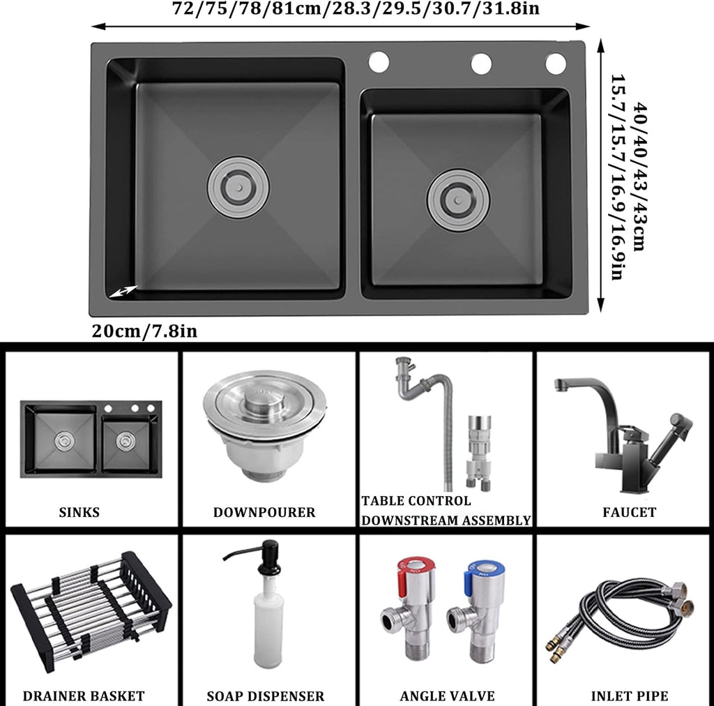 Double Bowl Kitchen Sink 304 Stainless Steel Bar Sink He Multifunctional RV Sink with Faucet and Counter Control Button Drop-in Or Under Mount (Color : Black-c, Size : 75x40x20cm)