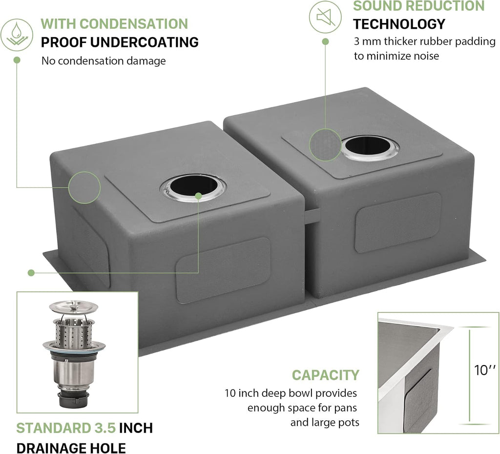 33 Undermount Double Bowl Kitchen Sink - Beslend 33x19x10 Inch Double Sink Stainless Steel Undermount Sinks 16 Gauge 50/50 Double Bowl Sinks