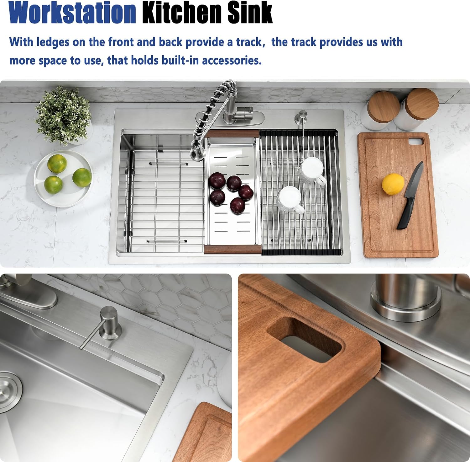 33x19 Drop In Kitchen Sink with Faucet Combo - 33 Inch Single Bowl Kitchen Sink Workstation, 10 Inch Deep Stainless Steel Topmount Sinks with Accessories