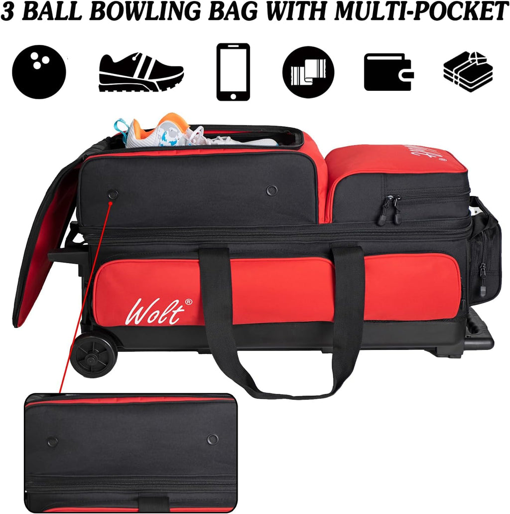 WOLT 3 Ball Bowling Bags with Wheels,Bowling Ball Bag 3 Ball Roller with Separate Shoe Compartment and Accessory Pocket, Retractable Handle Extends to 38''