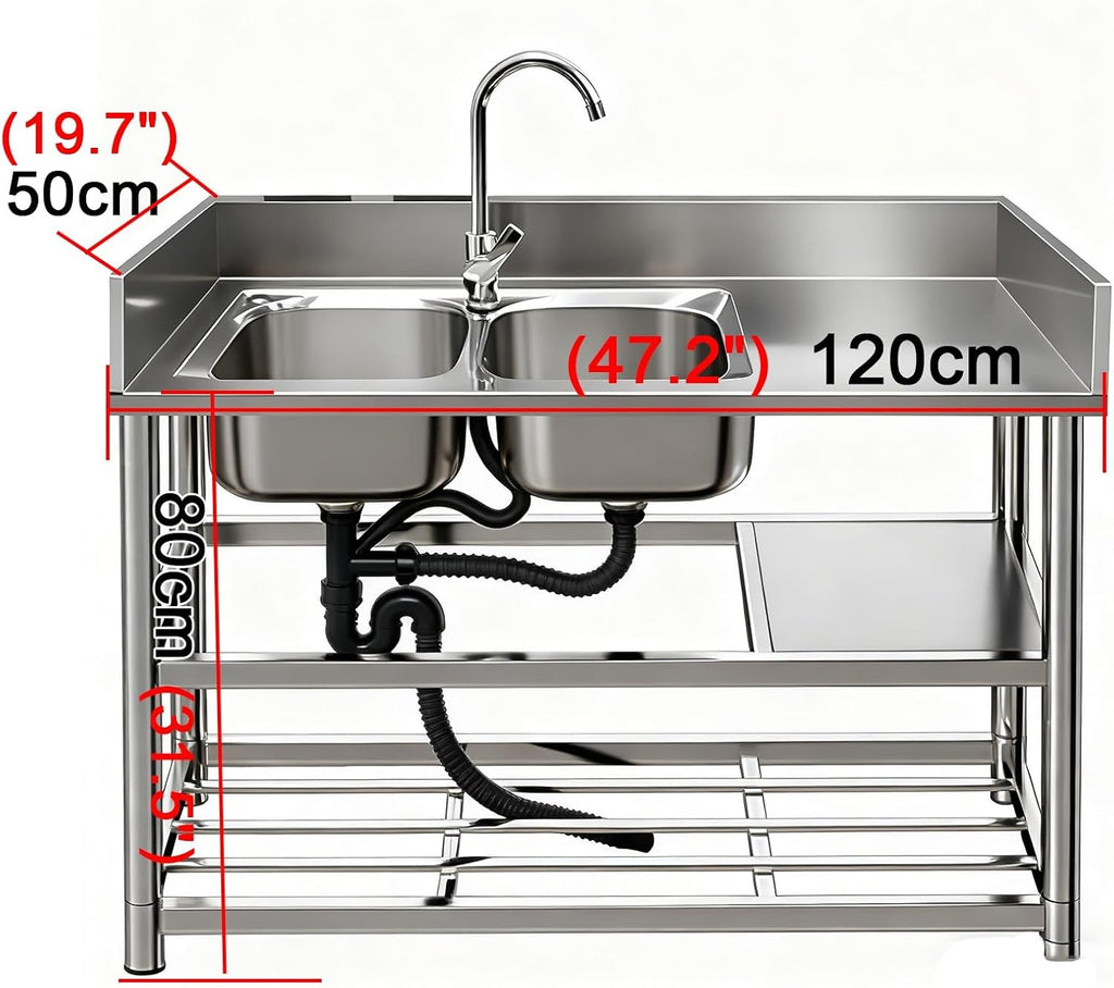 Stainless Steel Sink Double Basin Design Triple-Welded Edges H80cm (31.5') Kitchen Sinks Brushed Finish Monocoque Construction Reinforced Beam Small Radius Corners(Right basin-47.2x19.7x31.5')