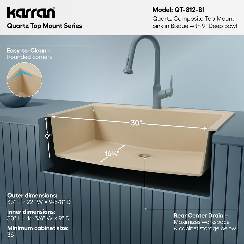 Karran 33' Drop-In Top Mount Quartz Composite Single Bowl Kitchen Sink in Bisque – Extra Deep 9' Basin, Heat Resistant, Sound Dampening, Easy Clean Surface