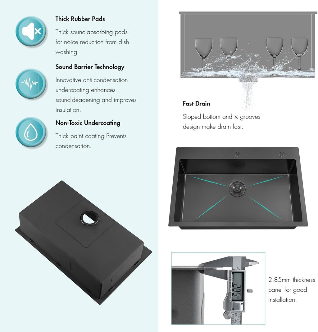ATTOP 33 Inch Black Large Single Bowl Drop in Kitchen Sink,33x22 Inch Nano Black Stainless Steel Handmade Drop in Single Bowl Kitchen Sink