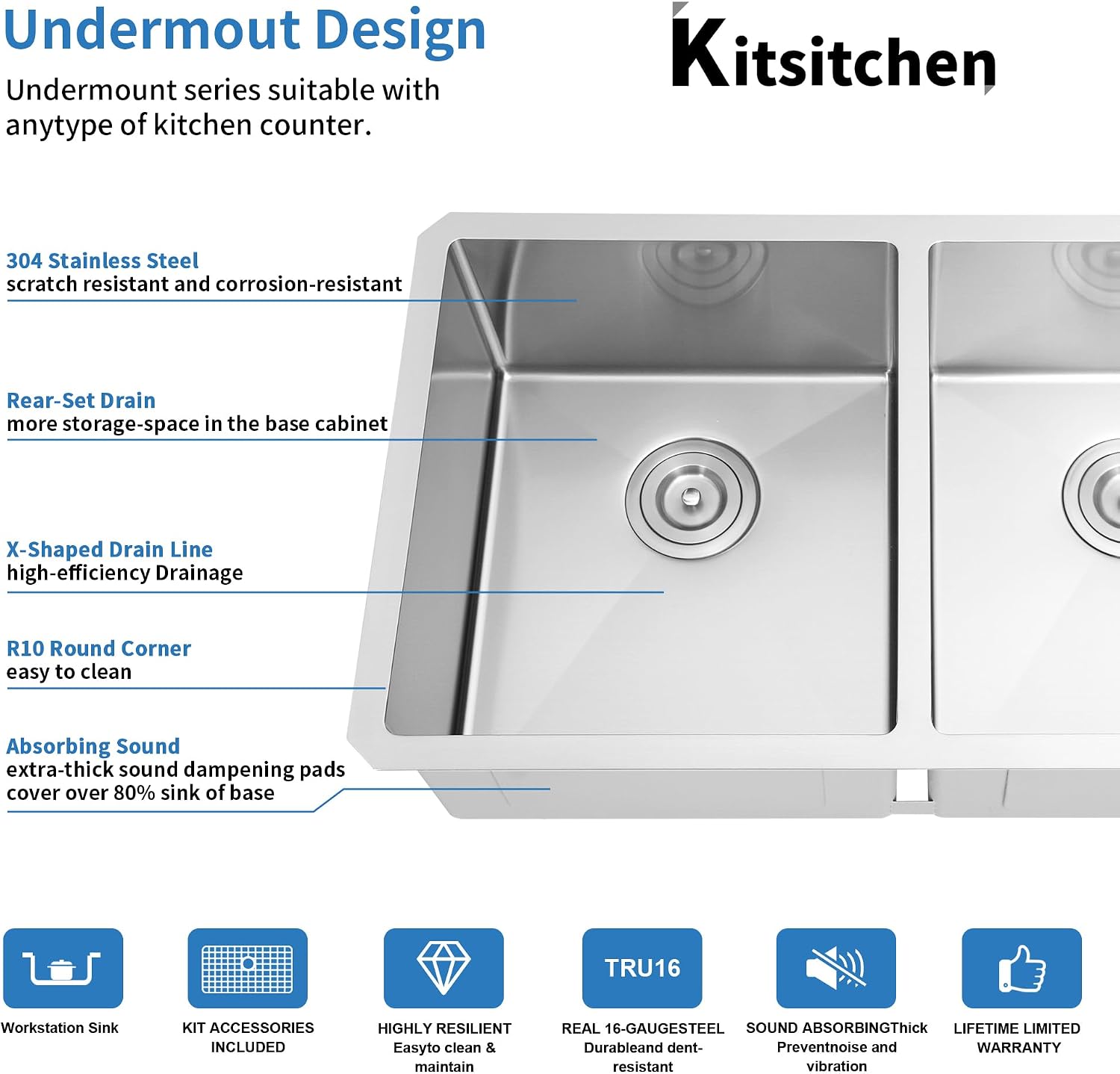 Kitsitchen RV Ktichen Sink,16 Gauge 304S Stainless Steel Undermount Kitchen Sink with Strainer & Bottom Gird, 27' x 16' x 7' Double Bowl Kitchen Sinks Used at RV, Outdoor,Bathroom and Trailer