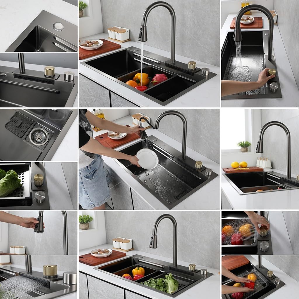 Stainless Steel Single-Bowl Kitchen Sink Multi-functional Waterfall Sink Nano-Coated Workstation Sink with Waterfall Pull-Down Faucet and Complete Accessory Set (Size : 68x45x22cm) ( 80x45x22cm)