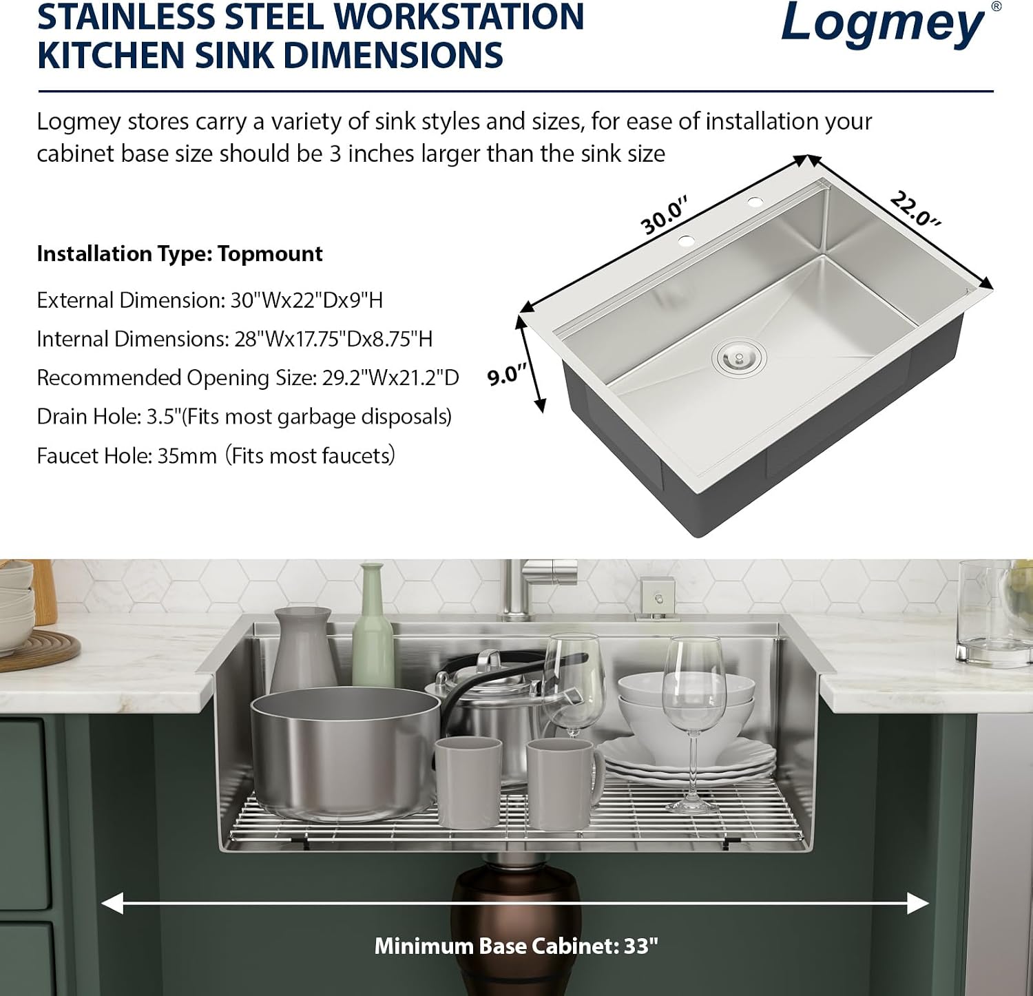 Logmey 30 Inch Drop In Kitchen Sink 30x22x9 All in One Workstation Topmount Sinks Stainless Steel 16 Gauge Single Bowl Overmount Kitchen Sink