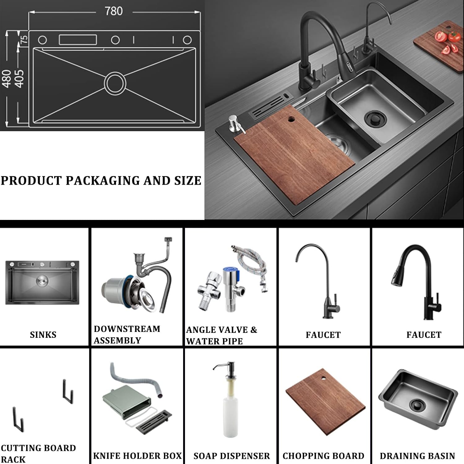 304 Stainless Steel Stepped Kitchen Sink Multi-Function Single Bowl Bar Sink RV Sink with Pull-Out Faucet and Drainage Assembly Top Mount Or Under Mount (Color : Black, Size : 78x48x22cm) (Black