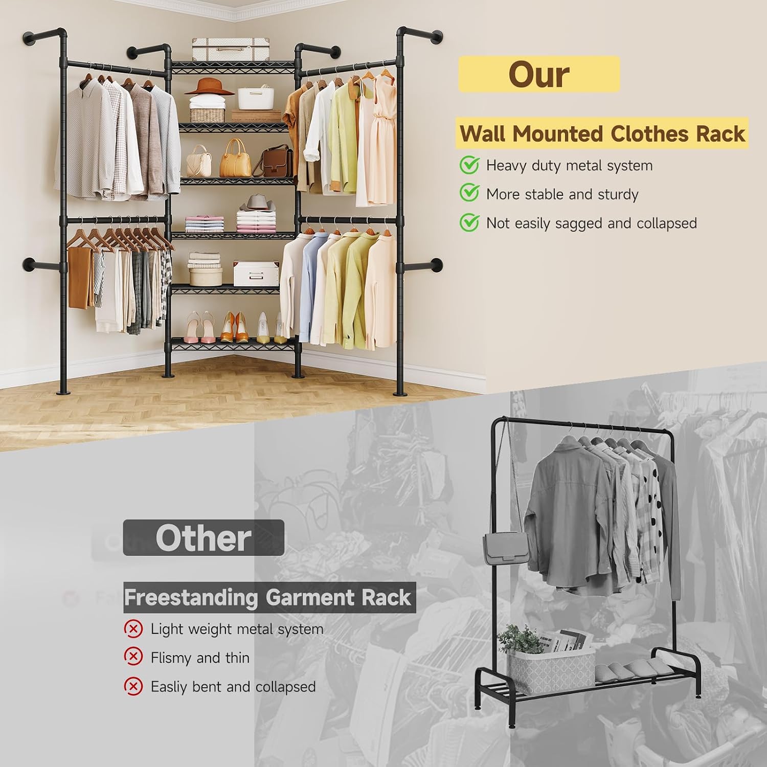 L3 Wall Mounted Industrial Pipe Closet System, Corner Closet Organizers with 4 Telescopic Rods & 6 Shelves, Heavy Duty Clothing Clothes Rack in Wardrobe Closet (Black)