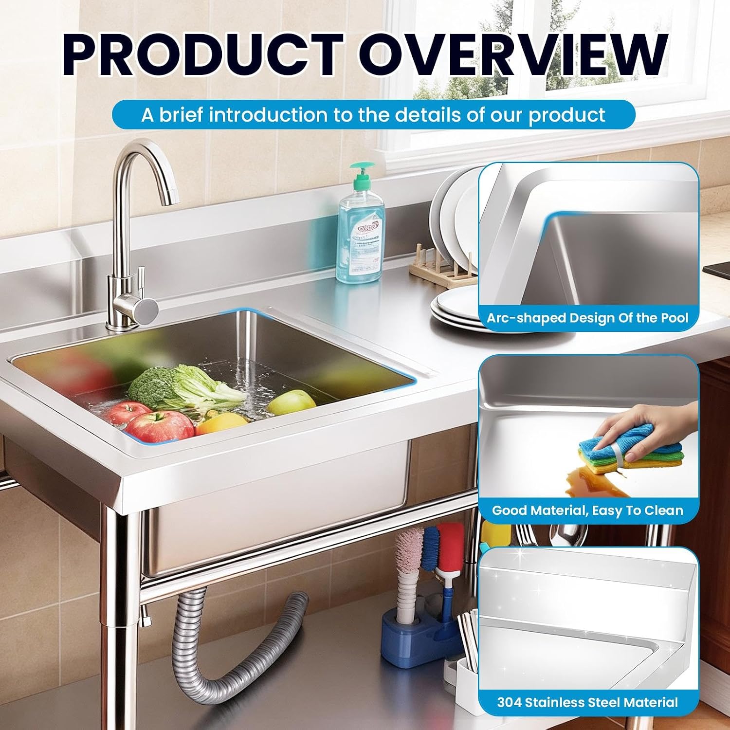Utility Sink Stainless Steel Laundry Sink, 360 Degree Rotating Faucet, Hot And Cold Water Functions for Garage Kitchen Bathroom Laundry Use (32'' Sink with Workbench)