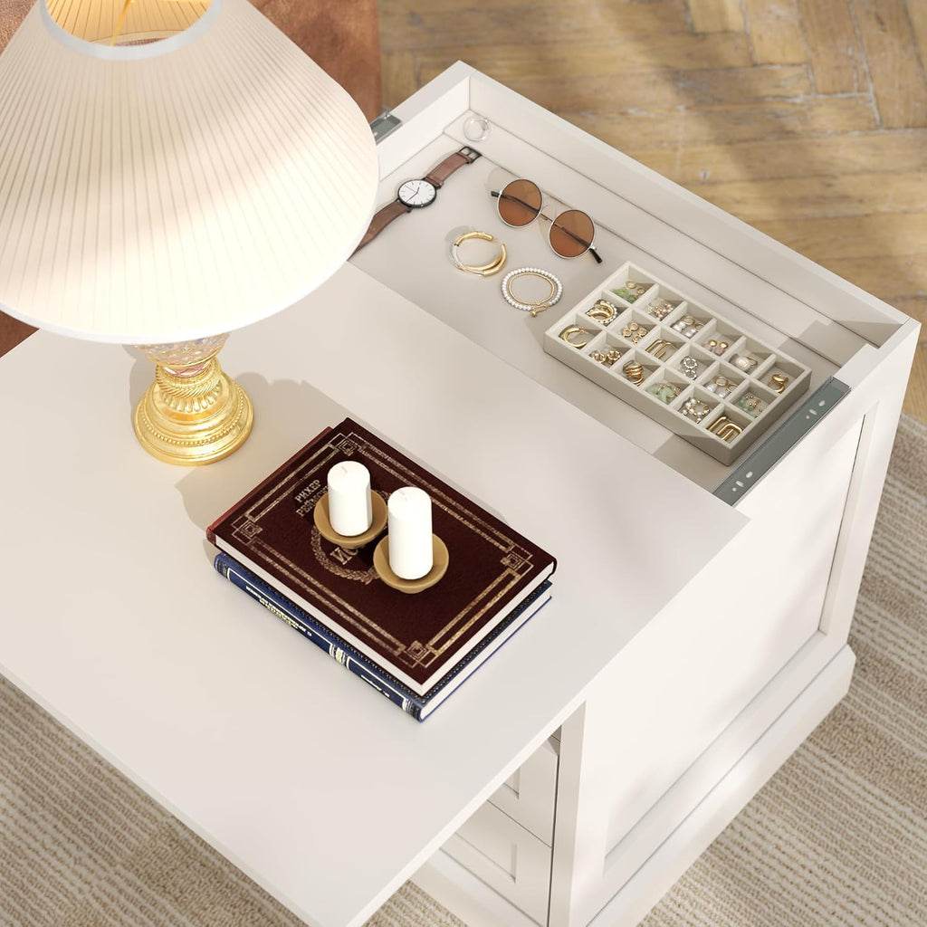 Gyfimoie Nightstand with Hidden Storage Space, Night Stand, End Table with Side Drawer, Bedside Table with Open Shelf, 2 Drawers Dresser for Bedroom, Living Room, Closet (White)