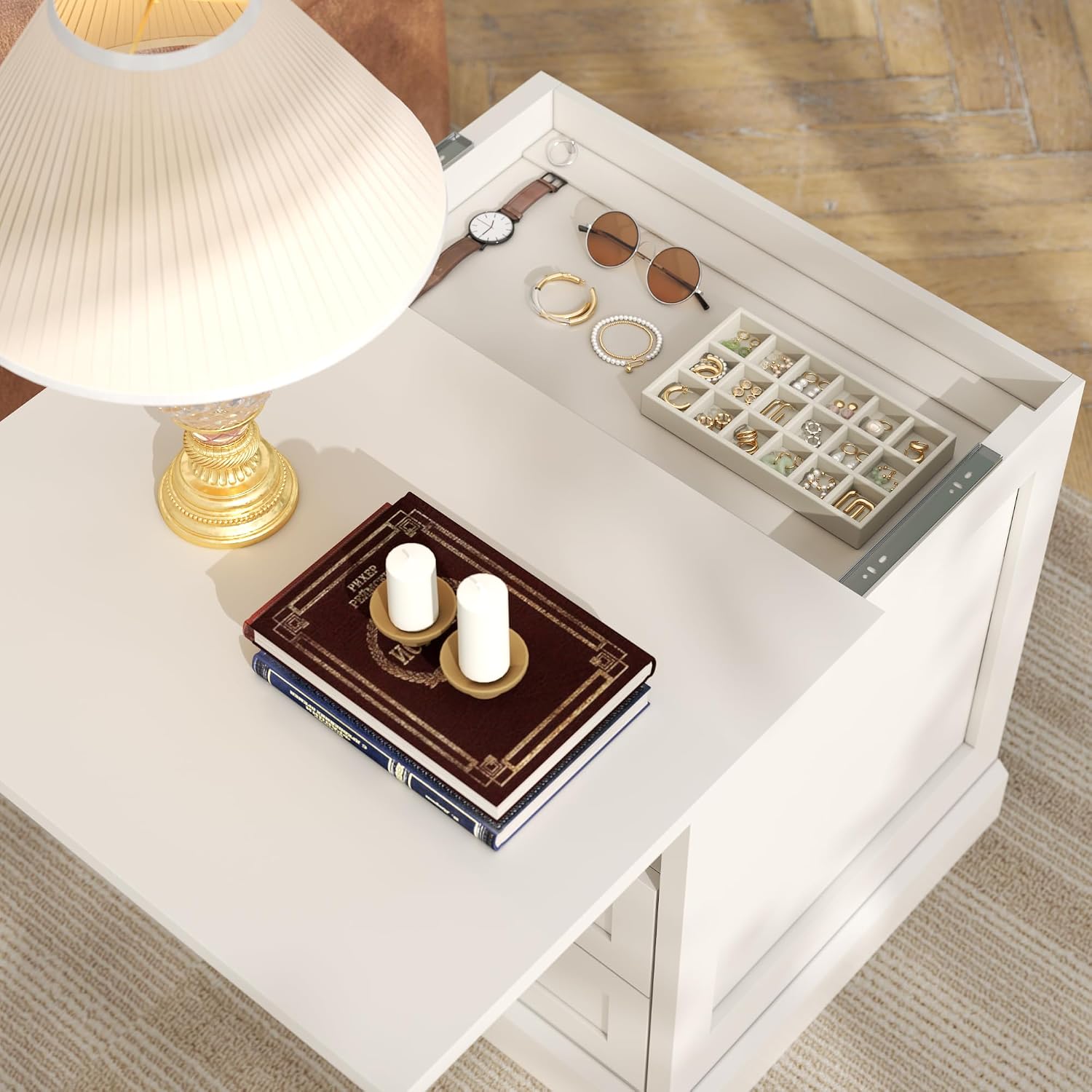 Gyfimoie Nightstand with Hidden Storage Space, Night Stand, End Table with Side Drawer, Bedside Table with Open Shelf, 2 Drawers Dresser for Bedroom, Living Room, Closet (White)