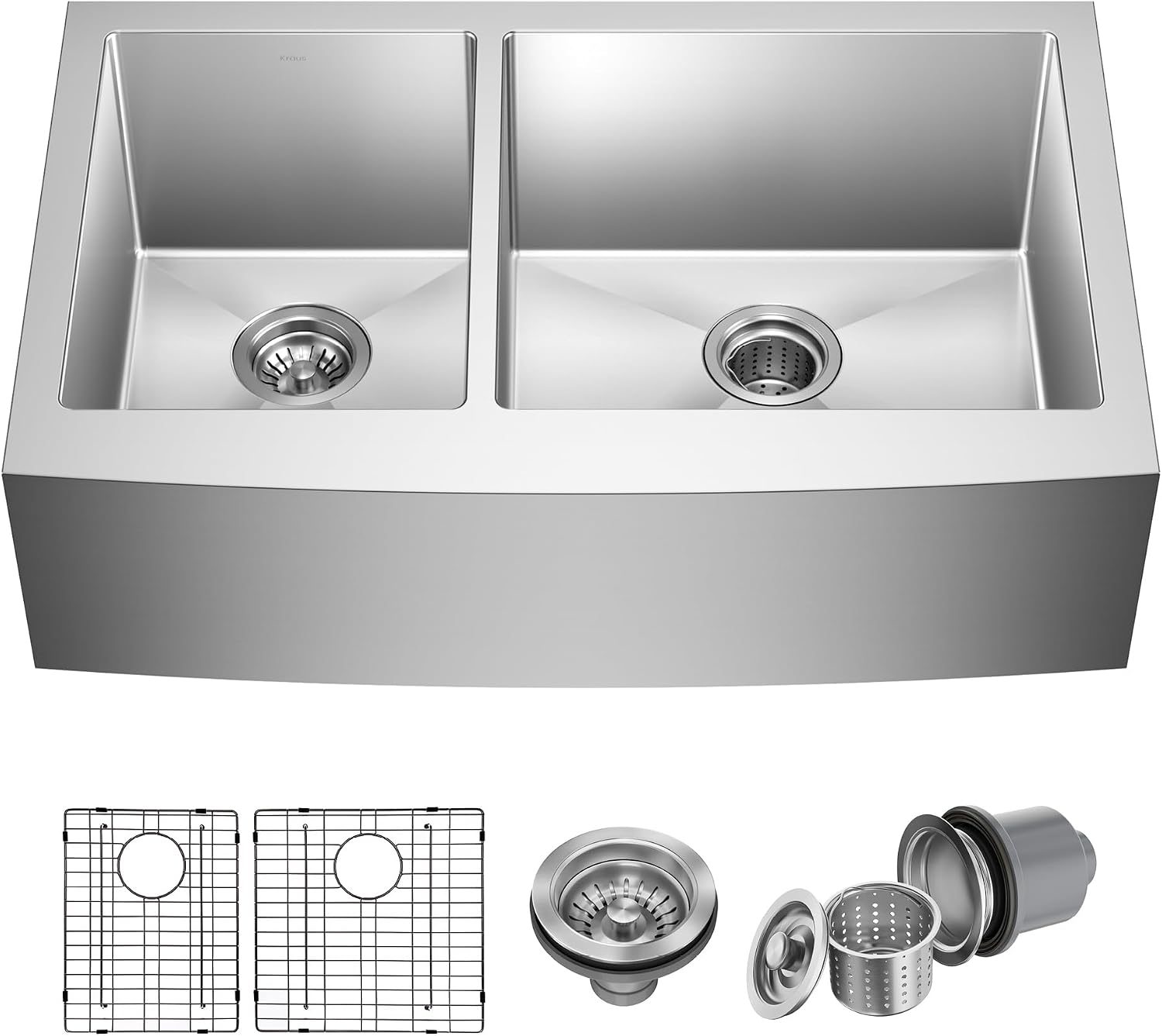 Kraus KHF204-33 Standart PRO Kitchen Stainless Steel Sink, 16 Gauge, 33' Undermount Round Apron 40/60 Double Bowl Kitchen Sink